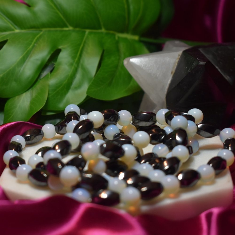 Hematite & Opalite Beaded Stretch Bracelet